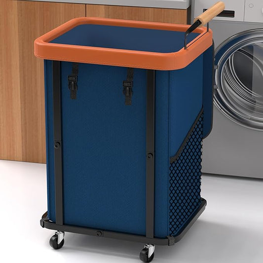 150L (40 Gal) Extra Large Fashion Laundry Basket with Wheels, Rolling Basket Hamper with Handle, Organizer Storage Cart with Sturdy Metal Frame for Laundry Room - Dark Blue