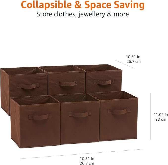 Amazon Basics Collapsible Fabric Storage Bins with Handles, Cube Organizer, Lightweight Fabric, 10.5"x10.5"x11", Brown, 6-Pack