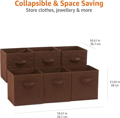 Amazon Basics Collapsible Fabric Storage Bins with Handles, Cube Organizer, Lightweight Fabric, 10.5"x10.5"x11", Brown, 6-Pack