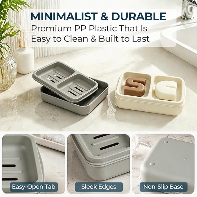 AIMAIAIMAI 2-Compartment Shampoo Bar Holder | Slotted Soap Dish with Drainage Tray for Bar Shampoo and Conditioner (1-Pack, Gray)