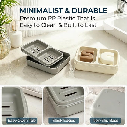 AIMAIAIMAI 2-Compartment Shampoo Bar Holder | Slotted Soap Dish with Drainage Tray for Bar Shampoo and Conditioner (1-Pack, Gray)