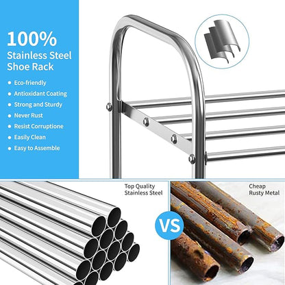 4 Tier Expandable Shoe Rack for Closet, Stainless Steel Shoe Shelf, Strong Weight Capacity Shoes Organizer, Easy to Install and Saving Space Standing Shelf with Sturdy Frame(4 Tier)