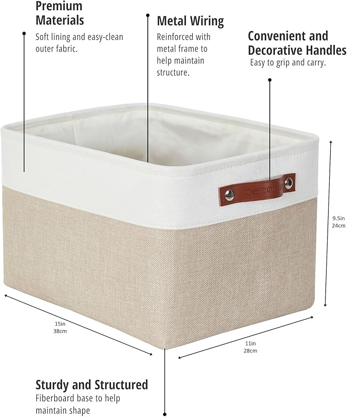 DECOMOMO Storage Bins, Large Fabric Storage Baskets for Shelves, Decorative Linen Closet Organizer, 15 x 11 x 9.5 inches (Beige & White, 4 Pack)