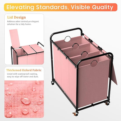 180L (47.55 Gal) Laundry Sorter 3 Section, Rolling Laundry Basket with Lockable Wheels and Lid, Laundry Hamper with 3 Separated Removable Bags Dirty Clothes Hamper for Laundry Room Organizer, Pink
