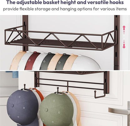 SWTYMIKI Over Door Hat Organizer - 5 Tier Wall Mounted Hat Rack with 4 Adjustable Metal Basket and 3 Hooks, Hanging Baseball Cap Organizer Storage Holds up to 49 Caps for Door, Bedroom, Closet