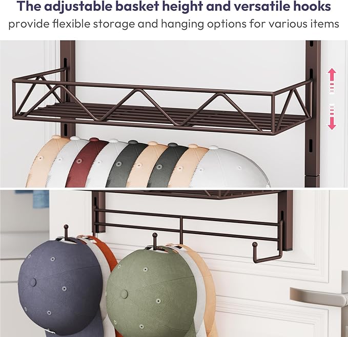 SWTYMIKI Over Door Hat Organizer - 3 Tier Wall Mounted Hat Rack with 2 Adjustable Metal Basket and 3 Hooks, Hanging Baseball Cap Organizer Storage Holds up to 29 Caps for Door, Bedroom, Closet
