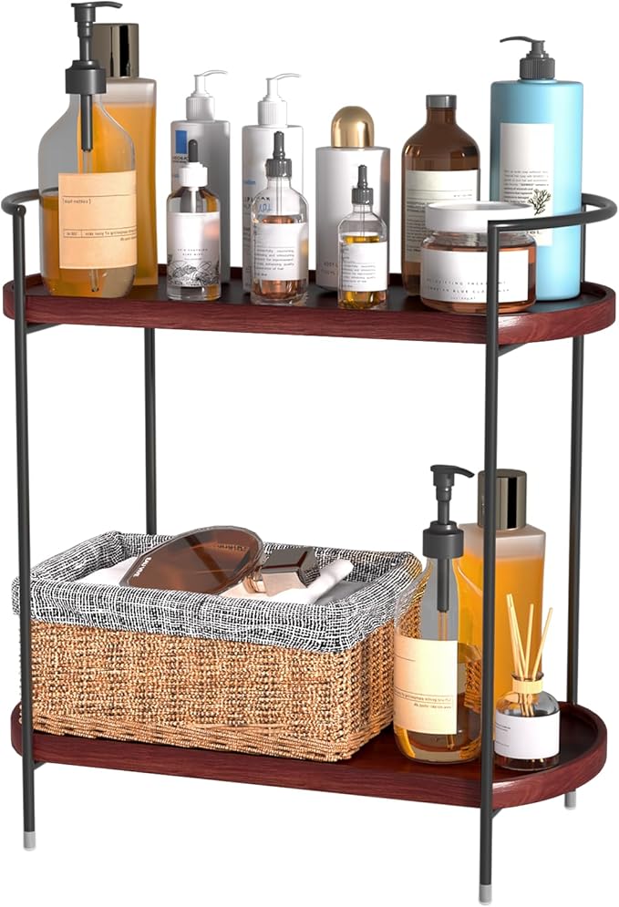 REFGY 2-Tier Bathroom Counter Organizer, Solid Wood-Texture Countertop Storage Shelf for Vanity Decor, Versatile Spice Rack & Coffee Bar Accessories, Non-Slip Makeup Organizer for Bedroom, Brown