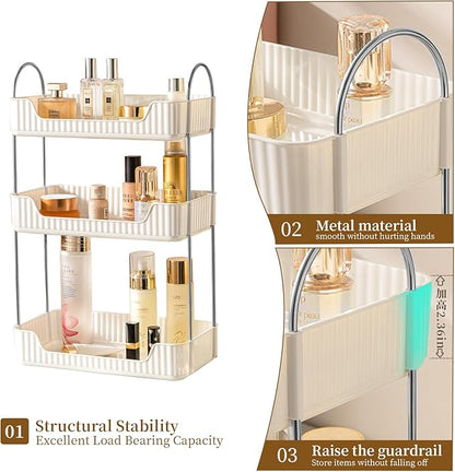 Shuang Qing Bathroom Counter Cosmetic Organizer, 3 Tier-Cream White, Alloy Steel & PET Plastic, Rectangular, Tiered, Perfect for Toiletries & Cosmetics