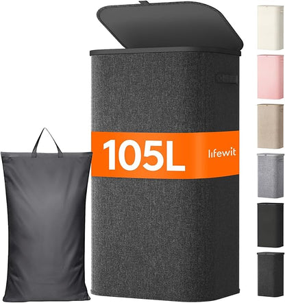 Lifewit 105L Large Laundry Basket with Lid, Laundry Hamper with Plastic Handles and Removable Bag, Foldable Tall Dirty Clothes Hampers for Laundry for Laundry Room, Bedroom, Bathroom, Dorm, Dark Gray
