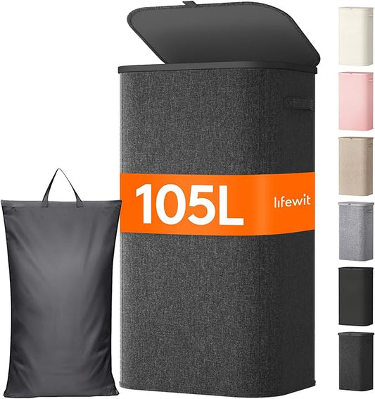 Lifewit 105L Large Laundry Basket with Lid, Laundry Hamper with Plastic Handles and Removable Bag, Foldable Tall Dirty Clothes Hampers for Laundry for Laundry Room, Bedroom, Bathroom, Dorm, Dark Gray
