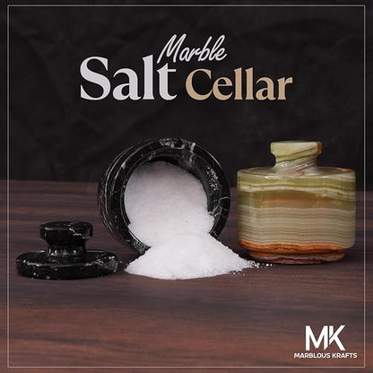Marble Salt Cellar 3" Inch Black Zebra & Green Onyx Celtic Salt & Pepper Bowls with Lid For Spring Decorations for Home & Kitchen, Perfect Mother’s Day Gift, Sugar Dish & Coffee Storage Container