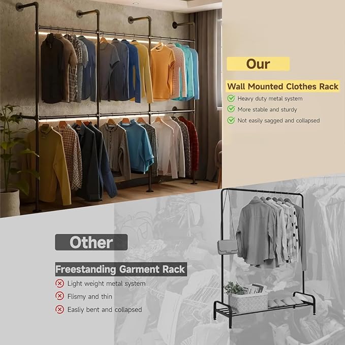 Industrial Pipe Clothing Racks Wall Mounted, Rustic Black Industrial Pipe Clothes Rack Design - Stylish & Heavy Duty Corner Garment Racks, Perfect for Home or Retail Display