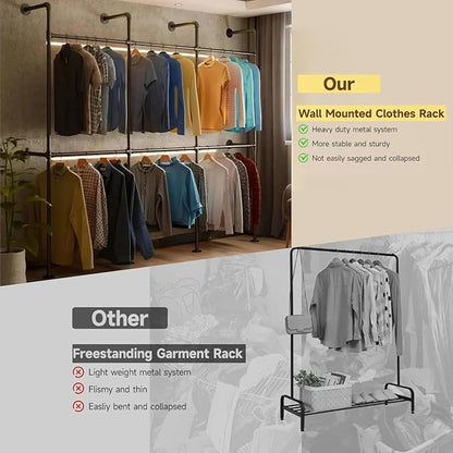 Industrial Pipe Black Clothing Racks Wall Mounted, Rustic Industrial Pipe Clothes Rack Design - Stylish & Heavy Duty Corner Garment Racks, Perfect for Home or Retail Display