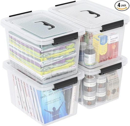 18 Quart Clear Plastic Storage Box with Handle, Latching Bins with Lid, 4 Packs