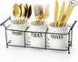 Bekith 3-Piece White Ceramic Silverware Caddy with Black Metal Rack, Utensil Holder Flatware Caddy Cutlery Storage Organizer for Kitchen Table, Cabinet or Pantry