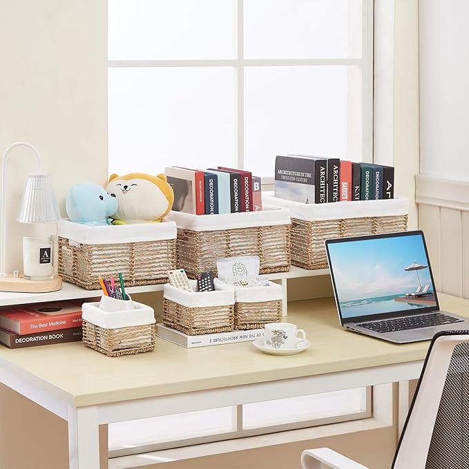 Vagusicc Wicker Storage Basket, 6 Pack Seagrass Baskets for Organizing, Wicker Baskets with Handle, Rectangular Woven Basket for Storage Shelves, Cube Storage Bins for Closet/Clothes/Dresser