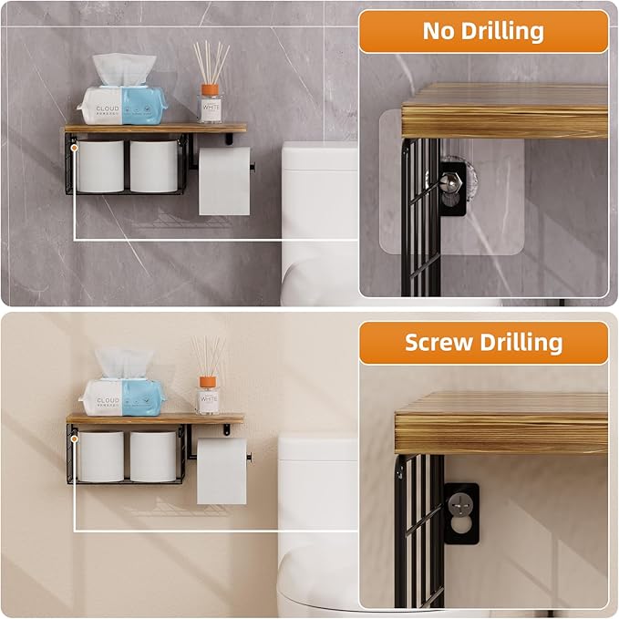 VITVITI Toilet Paper Holder with Shelf, Wall Mounted Toilet Paper Storage Basket, Wood Metal Toilet Roll and Wipes Holder for Bathroom Farmhouse (Brown)