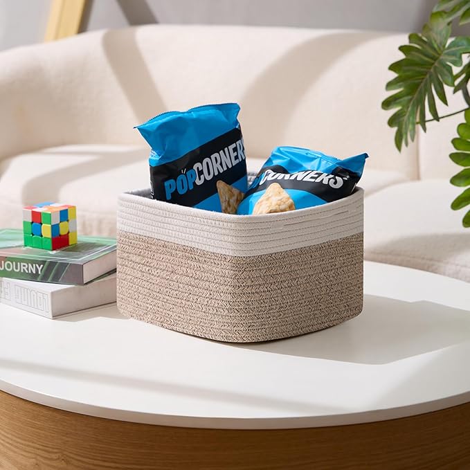 MiniArk Small Organizing Baskets for Cubes Shelf, 9.7x9.7x7.1 Inch Rope Woven Storage Bins for Nursery Shelves Storage, Cute Toy Basket, Square 3 Packs Off White Brown