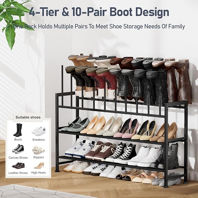 DIMJ Boot Rack 4-Tier - Black Metal Boot Storage Rack Tall Boots Organizer, Multiuse Shoe Rack for Boots, Sneakers, High-Heel, Entryway, Fits 10 Pairs