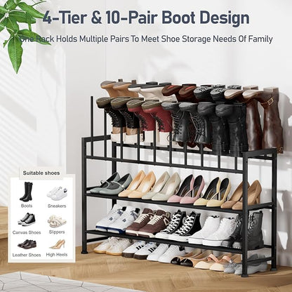 DIMJ Boot Rack 4-Tier - Black Metal Boot Storage Rack Tall Boots Organizer, Multiuse Shoe Rack for Boots, Sneakers, High-Heel, Entryway, Fits 10 Pairs