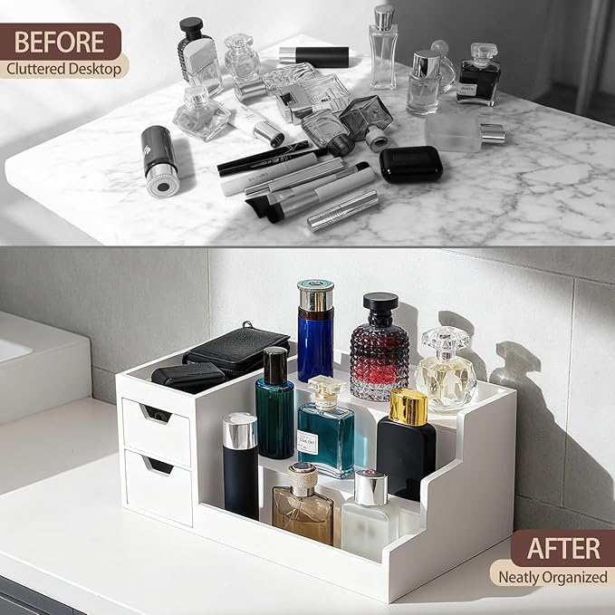 Countertop Perfume & Makeup Organizer - Wooden Rack, Cologne Stand Shelves & Skincare Organizer for Bedroom Dresser, Organizador de Perfumes Estante para Perfumes (White, 01)