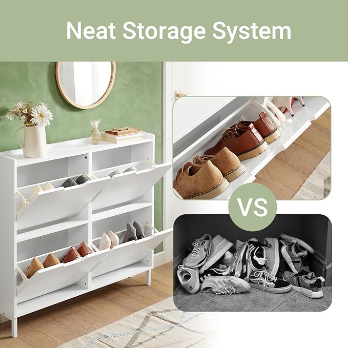 Haotian Ultra Thin Shoe Cabinet with 4 Flip-Drawers, Narrow Shoe Rack, Slim Shoe Storage Organiazer Entryway, White, FSR100-W, 7.5" D x 39.4" W x 35.6" H