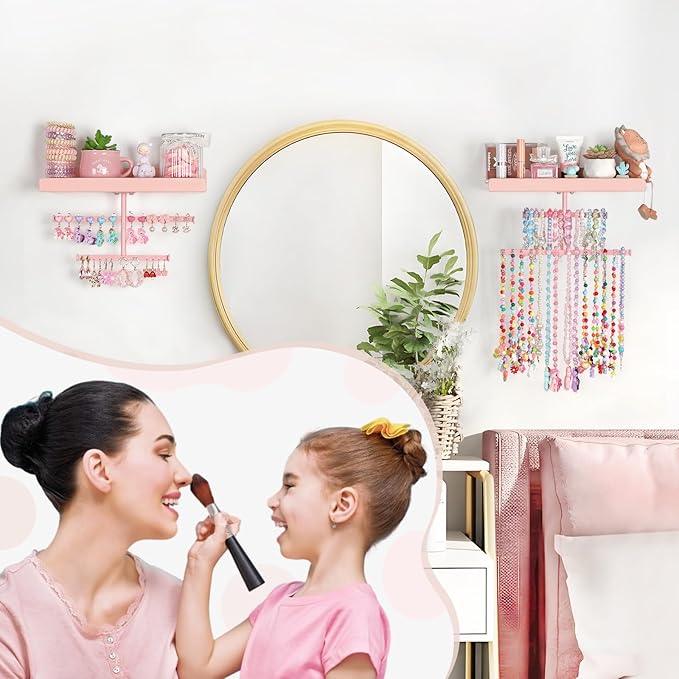 Keebofly Jewelry Organizer Wall Mounted Hanging with Wooden Shelf for Kids, Girls, Teens, Jewelry Holder Storage Display for Earring, Necklace, Bracelet, Bow, Pink, (Patented)