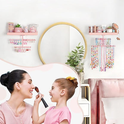 Keebofly Jewelry Organizer Wall Mounted Hanging with Wooden Shelf for Kids, Girls, Teens, Jewelry Holder Storage Display for Earring, Necklace, Bracelet, Bow, Pink, (Patented)