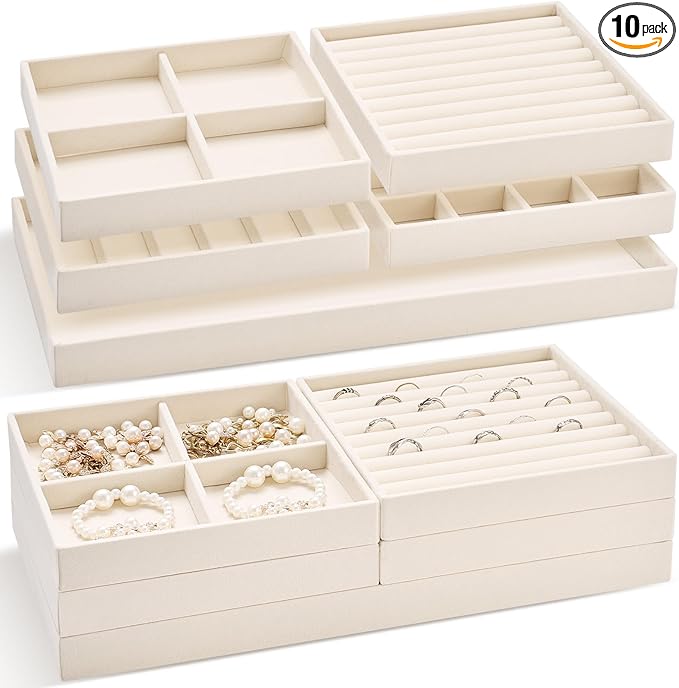 Cinnvoice Set of 10 Stackable Jewelry Organizer Trays for Drawer 14 Inch Velvet Jewelry Drawer Insert Display Storage with Removable Divider for Necklace Earring Ring Watch Bracelet (Beige)