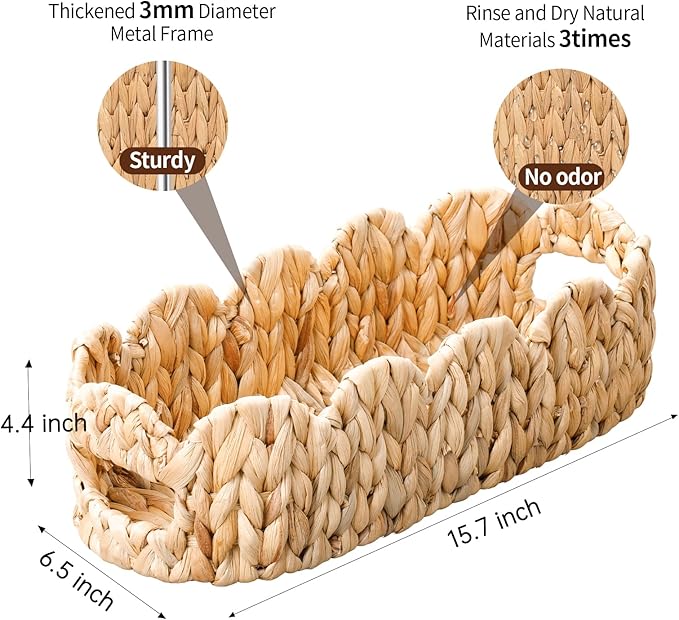 2 SAME SIZE Toilet Paper Storage Basket,Back of Toilet Storage,Boho Decor Small Scalloped Baskets for Bathroom Toilet Tank,Natural Water Hyacinth