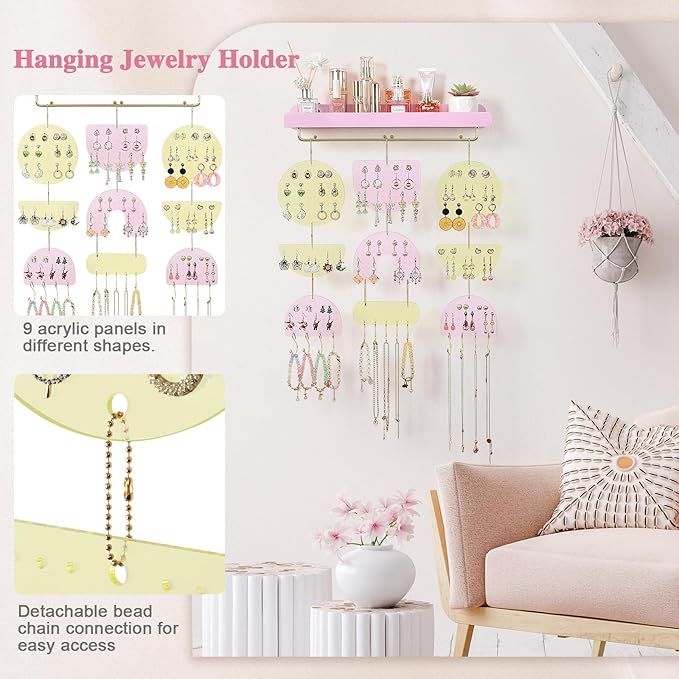 Keebofly Wall Mounted Jewelry Organizer, Hanging Earring Holder with Wood Shelf & Necklace Hooks, Acrylic Pegboard Earring Display Rack for 100+ Pairs Studs, Hoops & Dangles, Decorative Storage, Pink