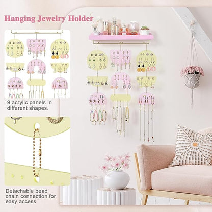 Keebofly Wall Mounted Jewelry Organizer, Hanging Earring Holder with Wood Shelf & Necklace Hooks, Acrylic Pegboard Earring Display Rack for 100+ Pairs Studs, Hoops & Dangles, Decorative Storage, Pink