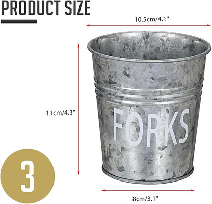 JUXYES Set of 3 Farmhouse Metal Tin Bucket Utensil Holder - Antique Silverware Caddy for Kitchen Countertop - Rustic Flatware Cutlery Caddy Silverware Holder Spoon, Fork & Knife Organizer for Parties