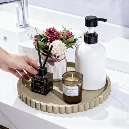 HighHerz Silicone Bathroom Countertop and Vanity Tray, Round Silicone Bathroom Tray, Modern Bathroom Decor, Coffee Table Decor, Decorative Tray for Candle, Perfume, Plants (Khaki, 9 inch)