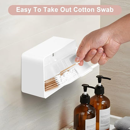 Qtip Holder, Wall Mount Qtip Holder Organizer for Bathroom Cotton Swabs, Balls, Cosmetic Cotton Pads, Dental Floss Storage - White
