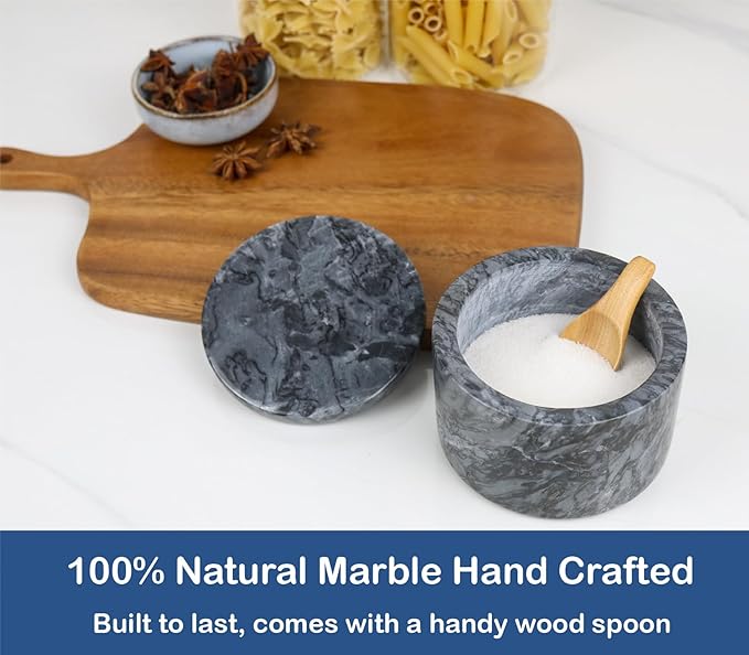 HillSpring Marble Salt Cellar with Lid and Wooden Spoon, 4" Handcrafted Spice Pepper Herbs Box, Kitchen Storage Container, Black, 1 Pack