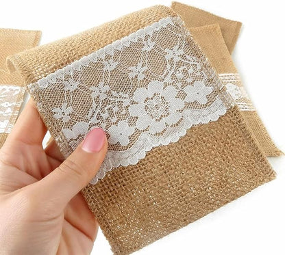 TM 100 Pack Natural Burlap Cutlery Holder Pouch Bag 4x8.5 Inch with Lace Silverware Napkin Holders Wedding Party Bridal Shower Table Setting Table Decoration