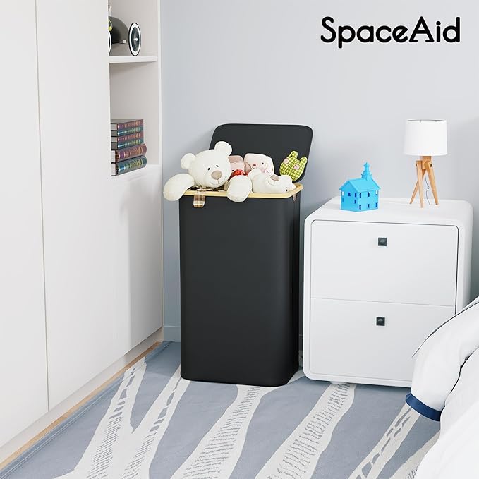 SpaceAid Laundry Hamper with Lid, 110L Large Tall Clothes Basket Bin with Bamboo Handles, Collapsible Laundry Hamper for Bedroom, Bathroom, Dorm, Laundry Room - Black