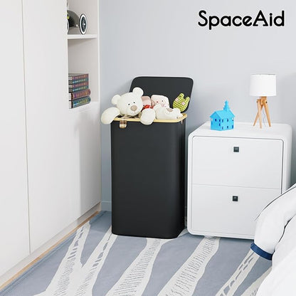 SpaceAid Laundry Hamper with Lid, 110L Large Tall Clothes Basket Bin with Bamboo Handles, Collapsible Laundry Hamper for Bedroom, Bathroom, Dorm, Laundry Room - Black