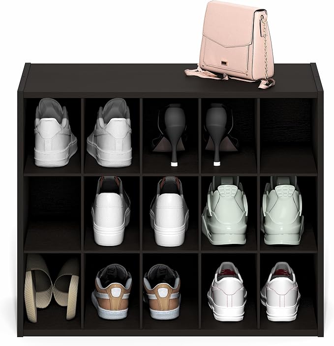 Furinno FANO Shoe Rack, 15-Cube Shoe Organizer, Stackable Shoe Storage, 11.4 x 24.2 x 19.3, for Closet Entryway, Office, Garage, Black Dark Oak