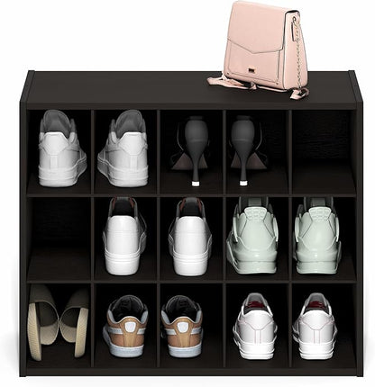 Furinno FANO Shoe Rack, 15-Cube Shoe Organizer, Stackable Shoe Storage, 11.4 x 24.2 x 19.3, for Closet Entryway, Office, Garage, Black Dark Oak