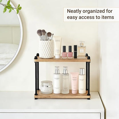 Mkono Bathroom Counter Organizer, 2 Tier Wooden Shelf for Vanity Countertop Skincare Makeup, Rustic Bathroom Decor Storage and Organization for Kitchen, Coffee Bar, Office, Light Brown