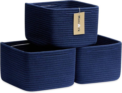 MiniArk Small Organizing Baskets for Cubes Shelf, 9.7x9.7x7.1 Inch Rope Woven Storage Bins for Nursery Shelves Storage, Cute Toy Basket, Square 3 Packs Navy Blue