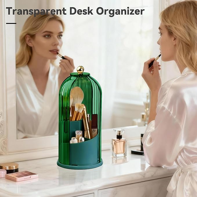 Hvygss 360° Rotating Makeup Brush Holder with Lid, Waterproof Three-Compartment Makeup Organizer, 180° Side-Pull Door Desk Organizer, Dustproof Brush Holder for Vanity and Bathroom (Green)