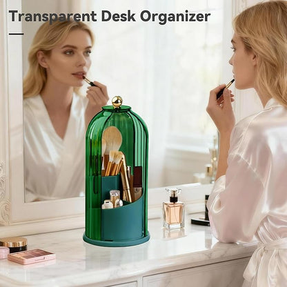 Hvygss 360° Rotating Makeup Brush Holder with Lid, Waterproof Three-Compartment Makeup Organizer, 180° Side-Pull Door Desk Organizer, Dustproof Brush Holder for Vanity and Bathroom (Green)