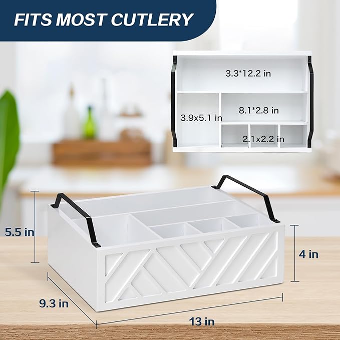 Ukonvi Paper Plate Dispenser and Holder for Kitchen Counter, Wood Rustic Silverware Utensil Caddy, Cutlery Flatware Organizer Box for Cups Spoons Forks Napkins, Kitchen Accessories