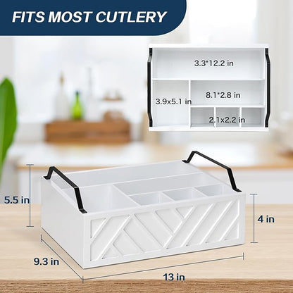 Ukonvi Paper Plate Dispenser and Holder for Kitchen Counter, Wood Rustic Silverware Utensil Caddy, Cutlery Flatware Organizer Box for Cups Spoons Forks Napkins, Kitchen Accessories