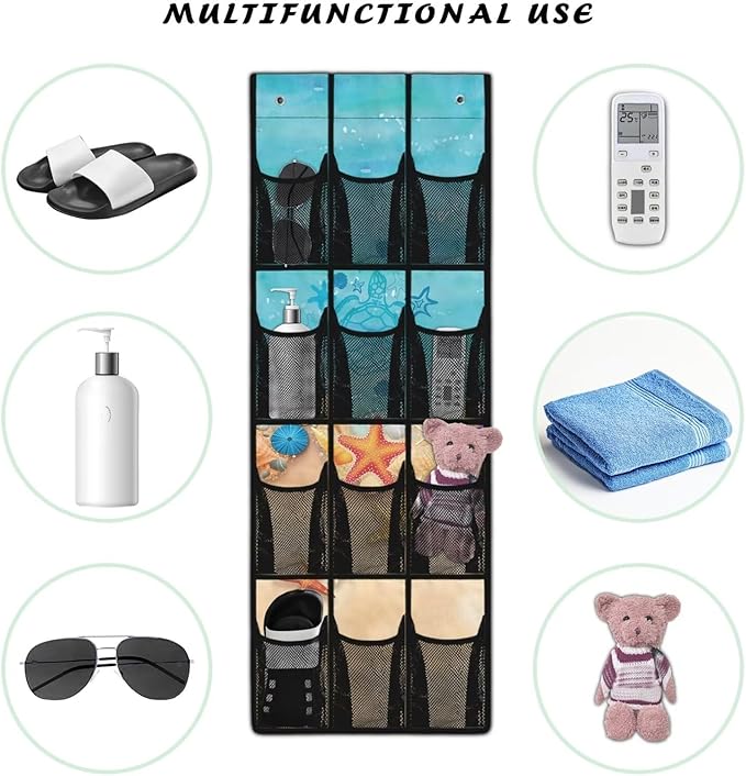 Multi-Functional 12-Pocket Hanging Bag for Doors, Heavy Duty Oxford Cloth Waterproof Lightweight and Space-Saving Design, Beach Starfish Turtle