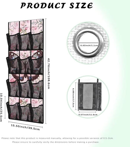 12-Pocket Foldable Door Hanging Organizer, Oxford Cloth Waterproof and Ideal for Bathroom Closet or Kitchen Storage Needs, Pink Black Butterfly and Flowers
