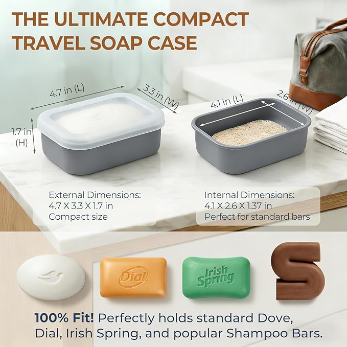 AIMAIAIMAI Compact Leakproof Travel Soap Case, Silicone Travel Soap Container, Portable Soap Box with Drainage Layer, Shatterproof Soap Holder for Bathroom, Gym (Gray)